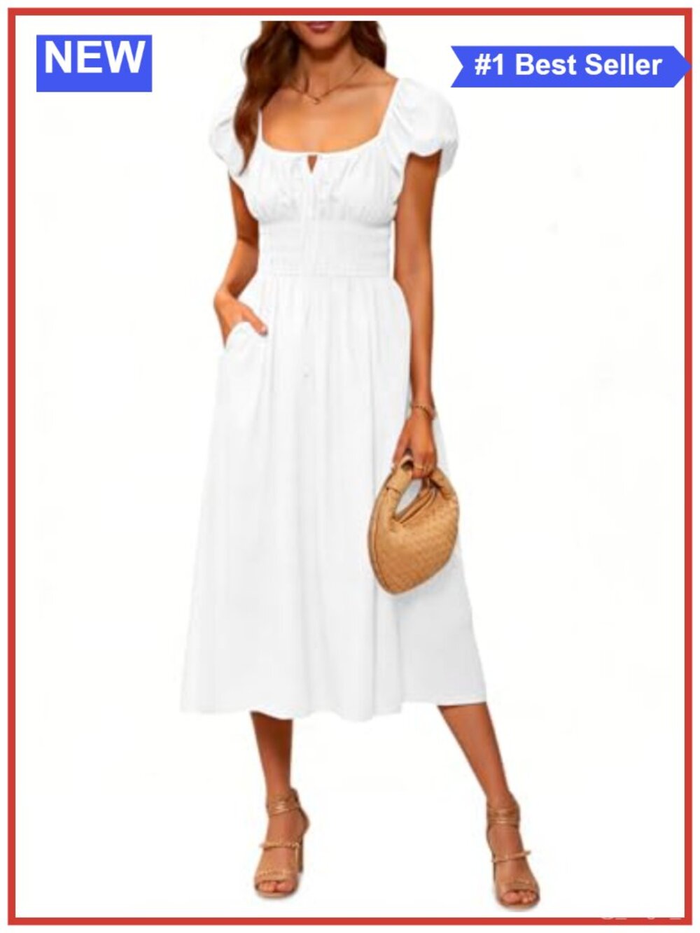 Women's Midi Dress Short Puff Sleeve A-Line Sundress Pockets